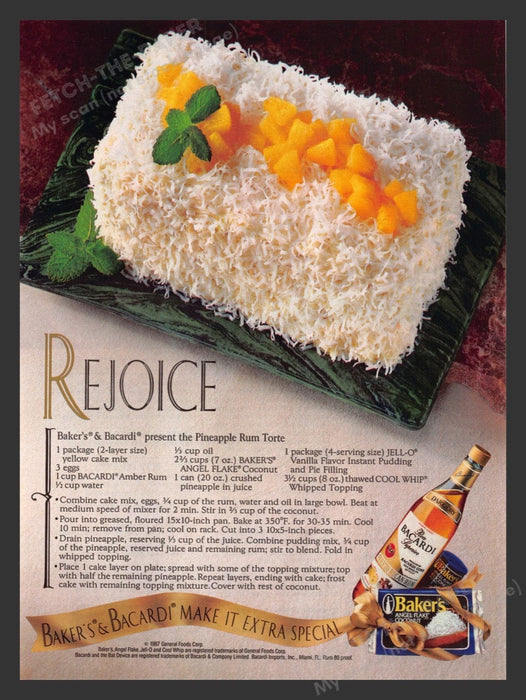 1987 Bacardi & Baker's Coconut "Pineapple Rum Torte" Recipe Print Ad