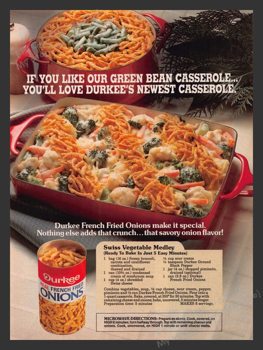 1987 Durkee French Onions "Swiss Vegetable Medley" Recipe Print Advertisement Ad