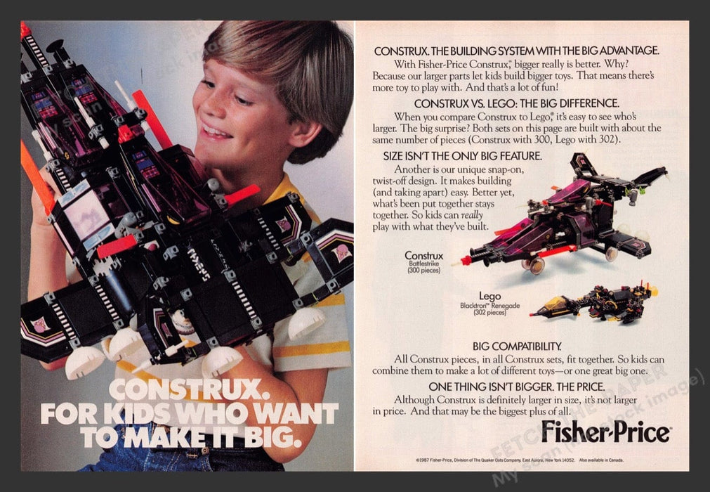 1987 Fisher-Price Construx Battlestrike Toys Print Advertisement (2 Pages)