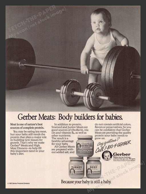 1987 Gerber Baby Food Barbell Weights Print Advertisement Ad