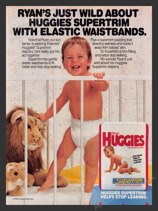 1987 Huggies Supertrim Diapers Crib & Plush Lion Print Advertisement Ad