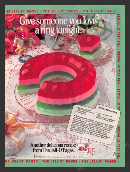 1987 Jell-O "Holiday Ribbon Ring" Recipe Print Advertisement Ad