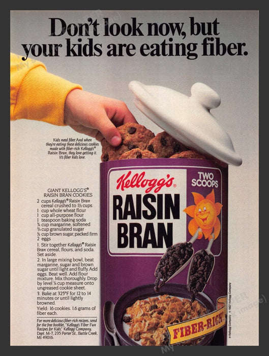 1987 Kellogg's Raisin Bran Cereal Cookie Recipe Print Advertisement Ad