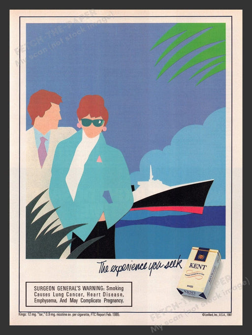 1987 Kent Cigarettes Modern Illustration Ship & Couple Print Advertisement Ad