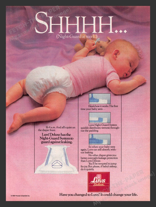 1987 Luvs Diapers "Shhhhh..." Sleeping Baby Print Advertisement Ad