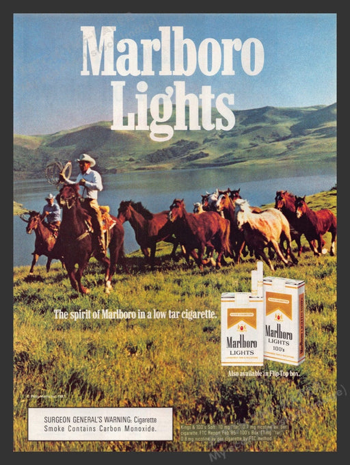1987 Marlboro Lights Cigarettes Lake Roundup Cowboys Print Advertisement Ad