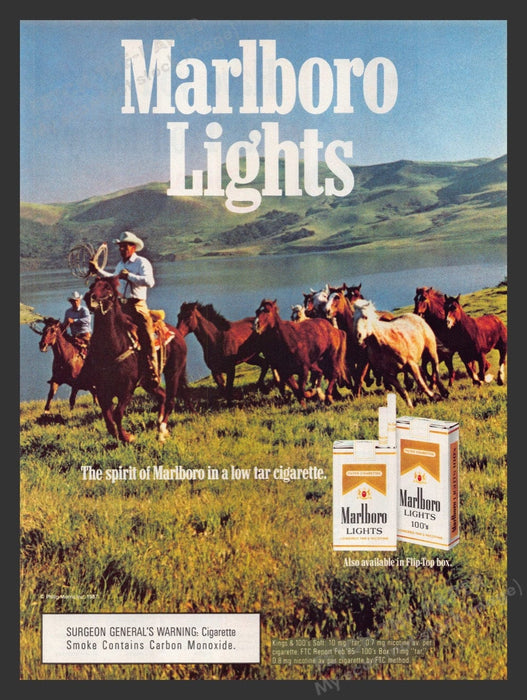 1987 Marlboro Lights Cigarettes Lake Roundup Cowboys Print Advertisement Ad