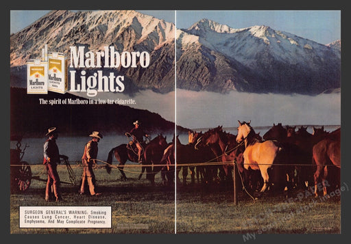 1987 Marlboro Lights Cigarettes Mountains Mustangs Print Advertisement (2 Pages)