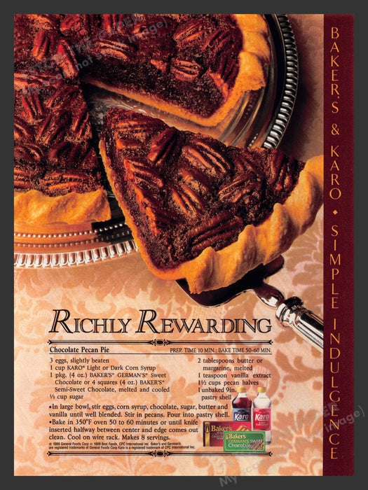 1988 Baker's & Karo "Chocolate Pecan Pie" Recipe Print Advertisement Ad