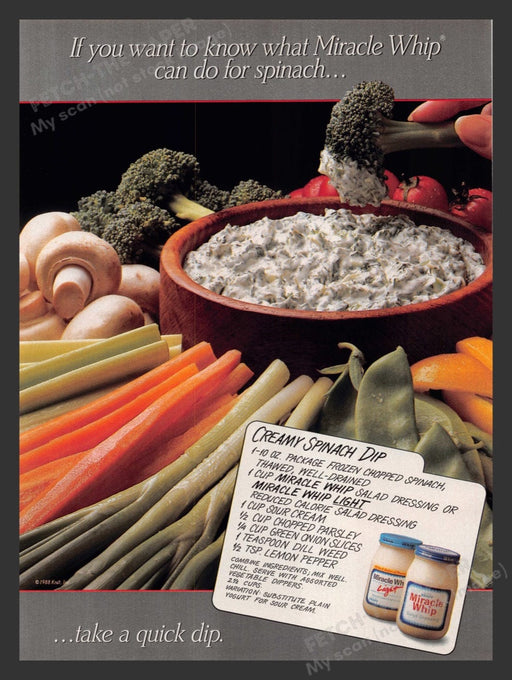 1988 Kraft Miracle Whip "Creamy Spinach Dip" Recipe Print Advertisement Ad