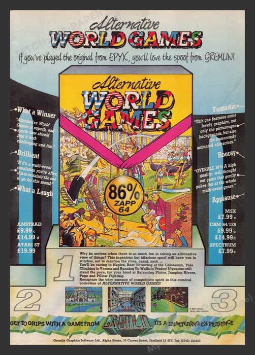 1988 U.K. Exclusive Alternative World Games Video Game Print Advertisement