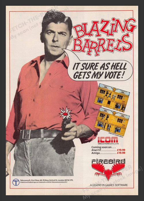 1988 U.K. Exclusive Blazing Barrels Ronald Reagan Video Game Print Advertisement