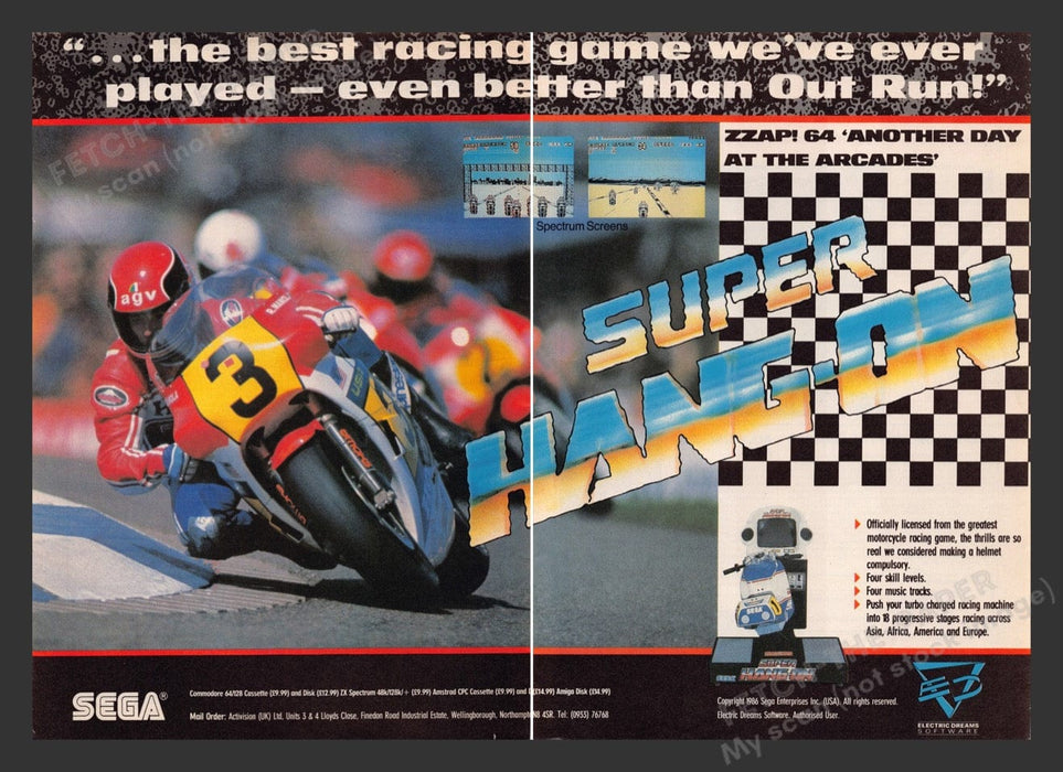 1988 U.K. Exclusive Sega Super Hang-On Video Game Print Advertisement (2 pgs)