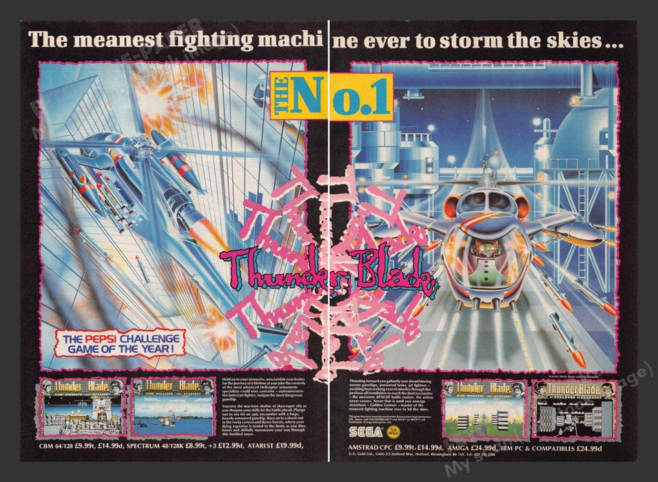 1988 U.K. Exclusive Thunder Blade Video Game Print Advertisement (2 pages)