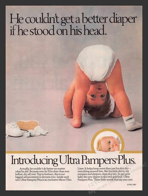 1988 Ultra Pampers Plus Trying to Stand on His Head Print Advertisement Ad