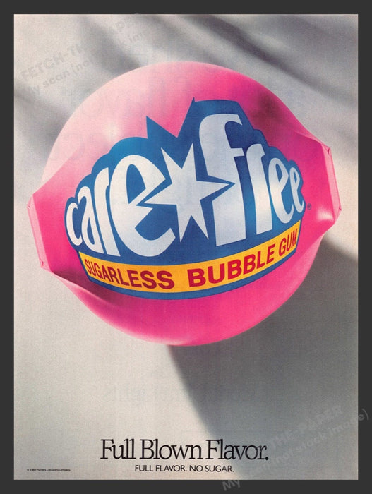 1989 Care Free Sugarless Bubble Gum "Full Blown Flavor" Print Advertisement Ad