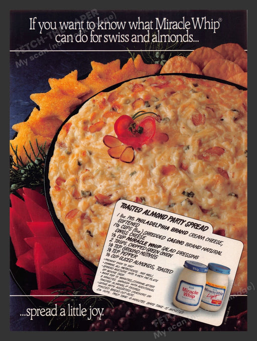 1989 Kraft Miracle Whip "Toasted Almond Party Spread" Recipe Print Ad