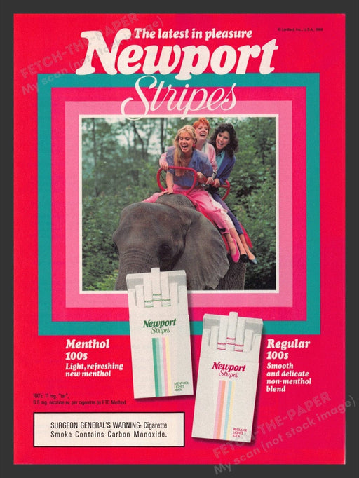 1989 Newport Stripes Cigarettes African Elephant Print Advertisement Ad