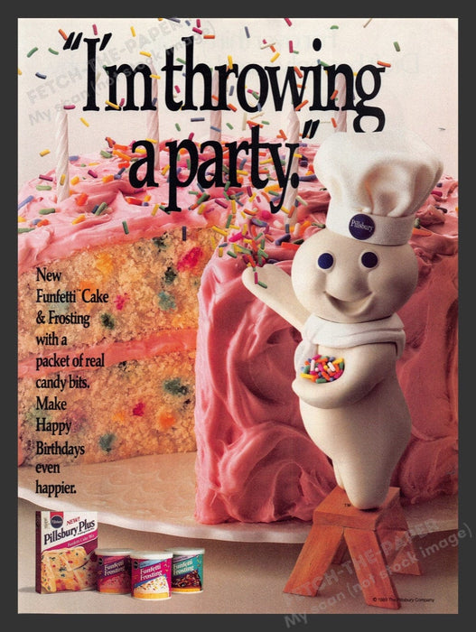 1989 Pillsbury Plus Funfetti Cake "I'm throwing a party!" Print Advertisement Ad