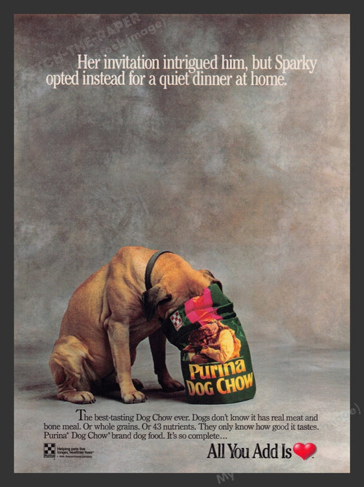 1989 Purina Dog Chow Dog's Face in Bag! Print Advertisement Ad
