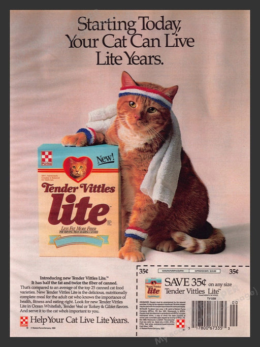 1989 Tender Vittles Lite Food Orange Cat Exercising Print Advertisement Ad