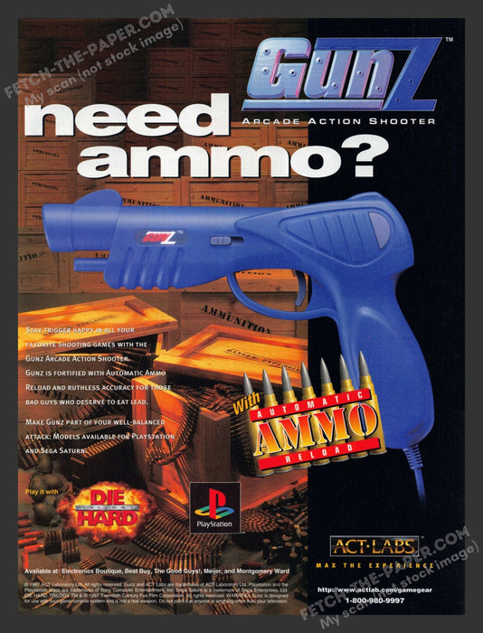1997 Print Advertisement Gunz Arcade Action Shooter Controller Video Game Ad.