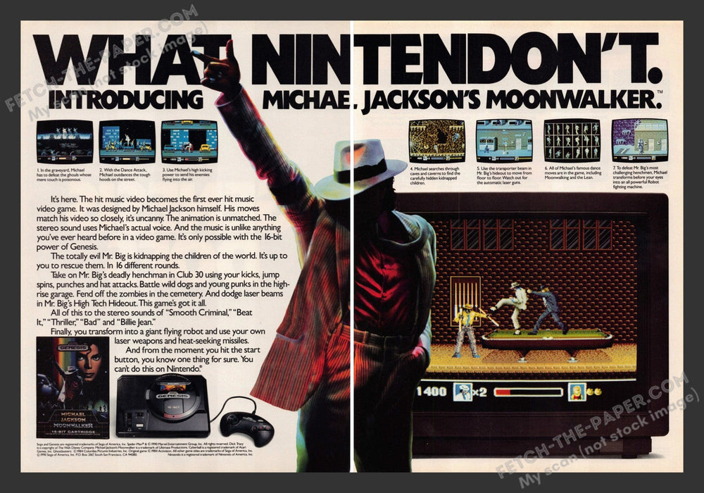 1990 Print Advertisement 2 Page Michael Jackson's Moonwalker Singer Video Game Ad.