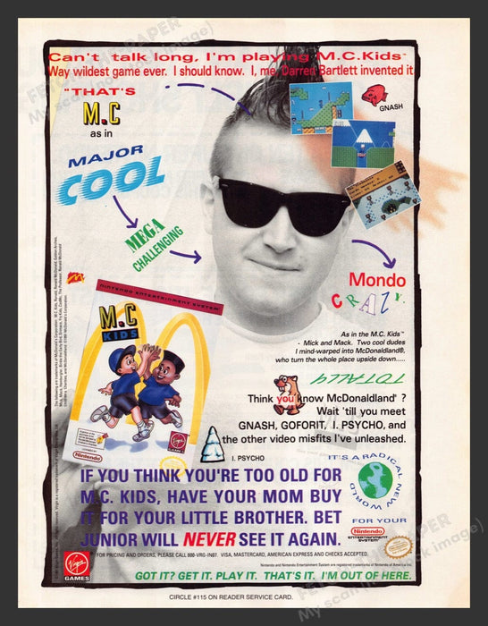 1992 M.C. Kids "Major Cool" McDonalds Video Game Print Advertisement