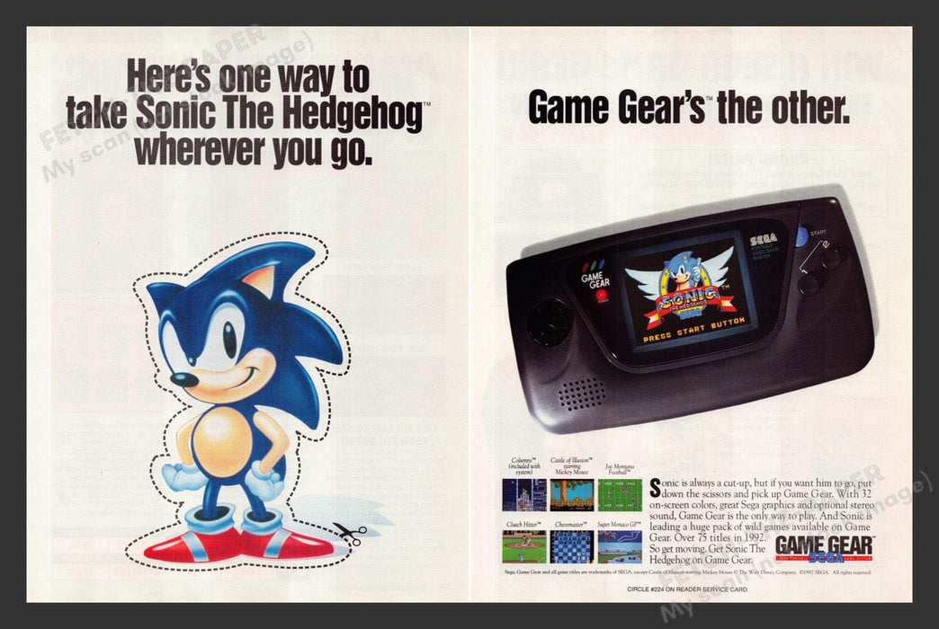 1992 Sega Game Gear Sonic Video Game Print Advertisement (2 Pages)