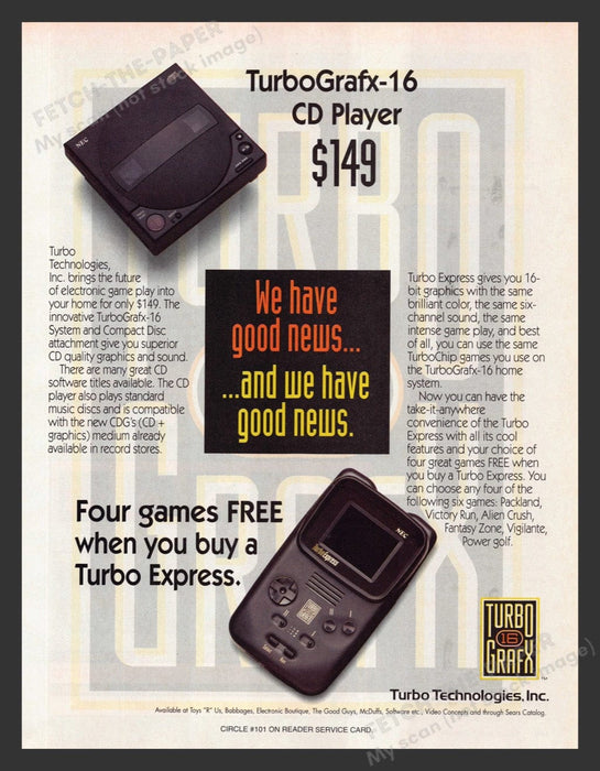 1992 TurboGrafx-16 CD Player Video Game Print Advertisement