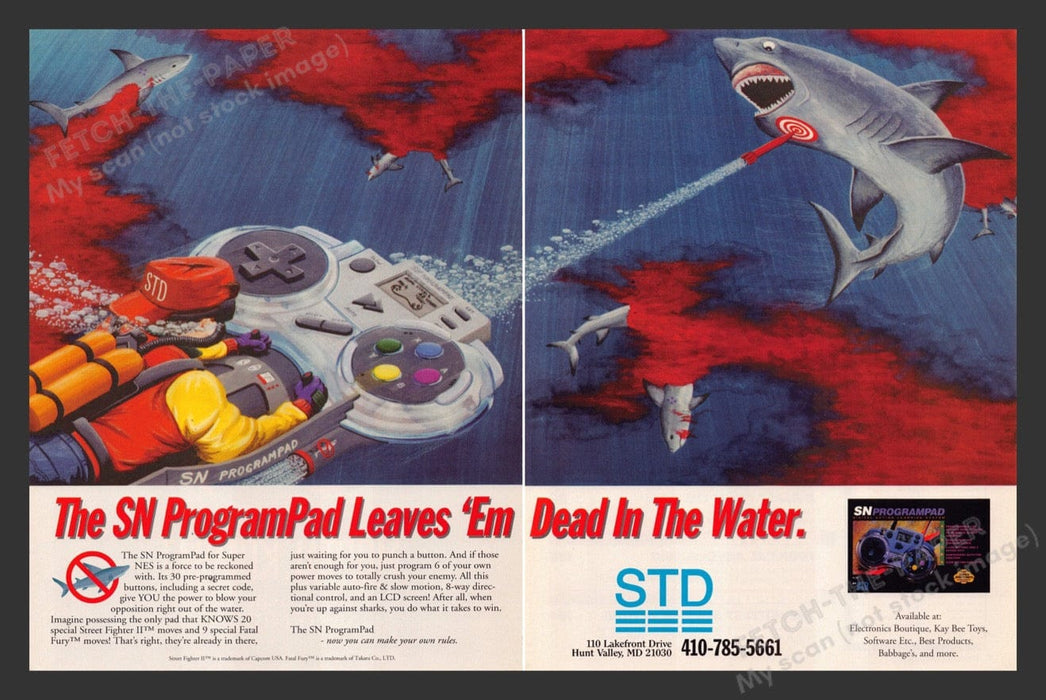 1993 SN ProgramPad Sharks Video Game Print Advertisement (2 Pages)