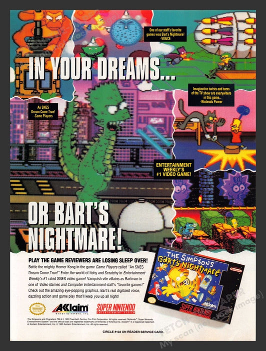 1993 The Simpsons: Bart's Nightmare Video Game Print Advertisement Fetch the Paper!