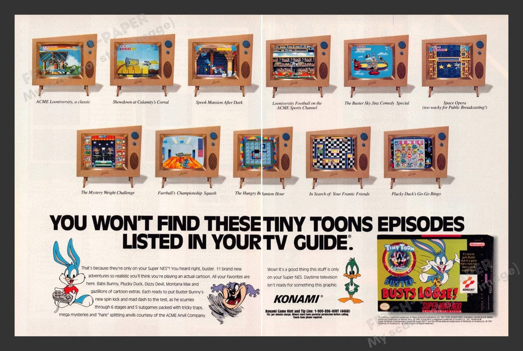 1993 Tiny Toon Buster Busts Loose! Video Game Print Advertisement (2 Pages)