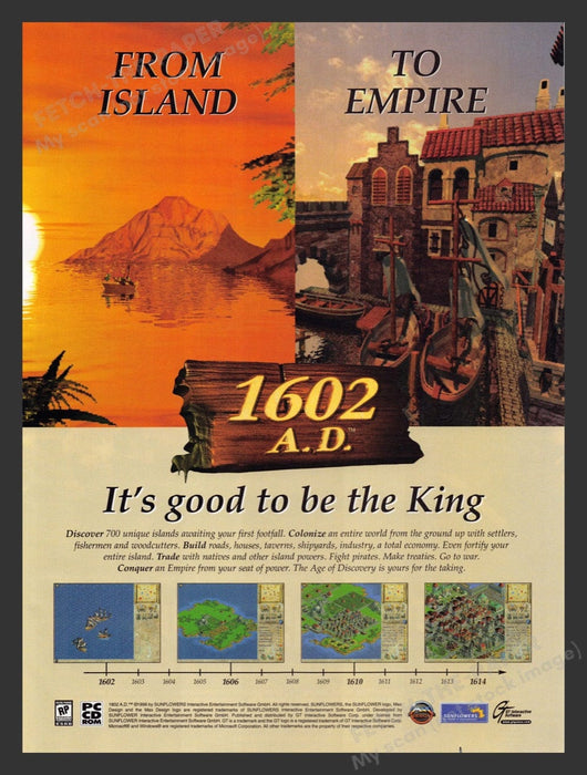 1999 1602 A.D. "From Island to Empire" Video Game Print Advertisement Fetch the Paper!