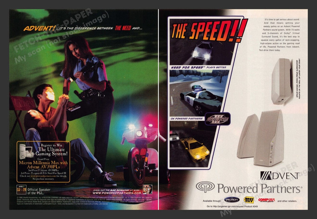 1999 Advent Speakers "Need for Speed" Video Game Print Advertisement (2 pgs) Fetch the Paper!