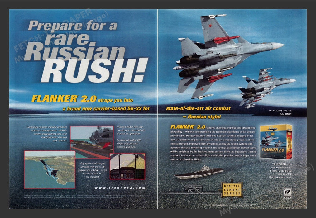 1999 Flanker 2.0 "Rare Russian rush!" Video Game Print Advertisement (2 pgs) Fetch the Paper!