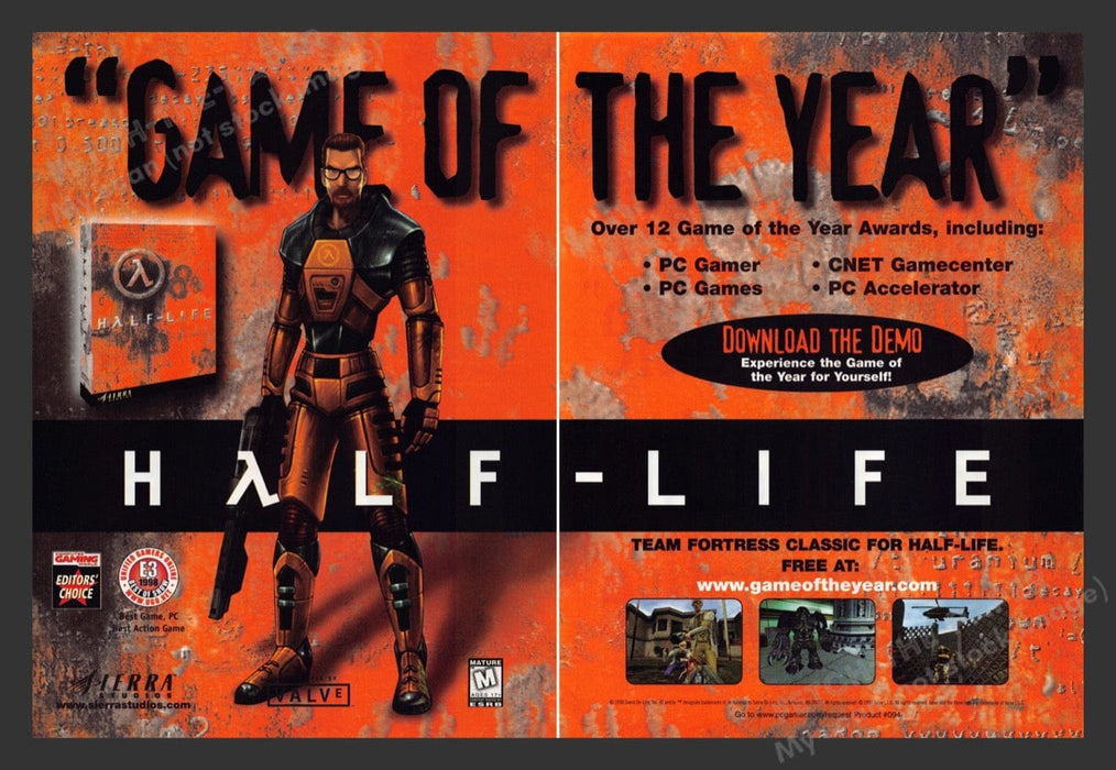 1999 Half-Life "Game of the Year" Orange Video Game Print Advertisement (2 pgs) Fetch the Paper!