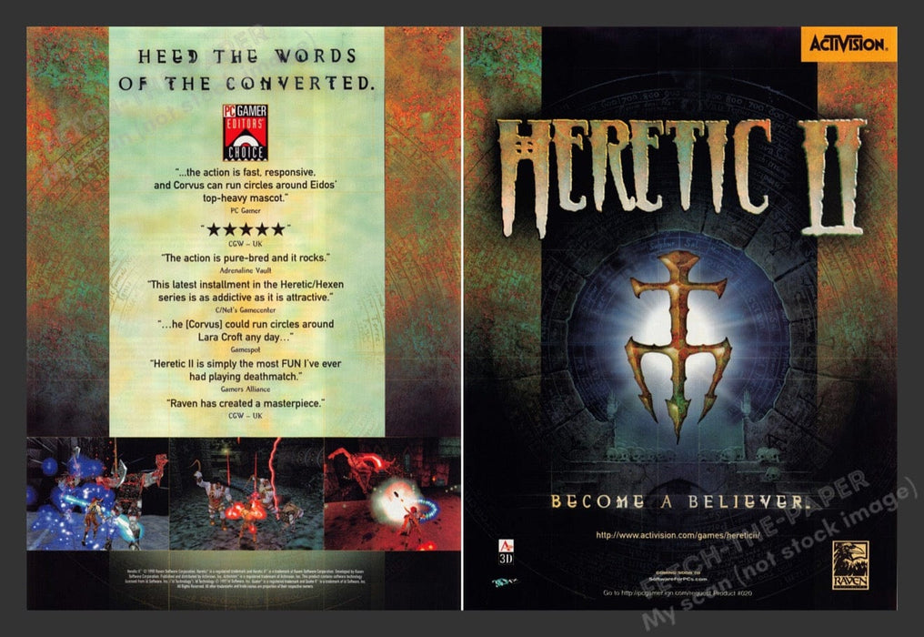 1999 Heretic II "Become a Believer" Video Game Print Advertisement (2 pgs) Fetch the Paper!