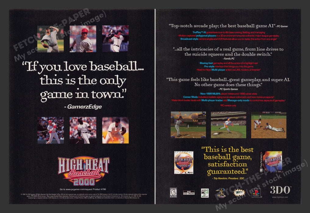1999 High Heat Baseball 2000 Video Game Print Advertisement (2 pgs) Fetch the Paper!