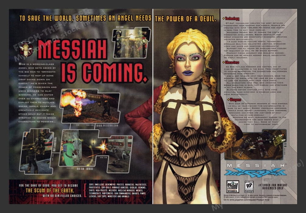 1999 Messiah is Coming Scantily Clad Girl Video Game Print Advertisement (2 pgs) Fetch the Paper!