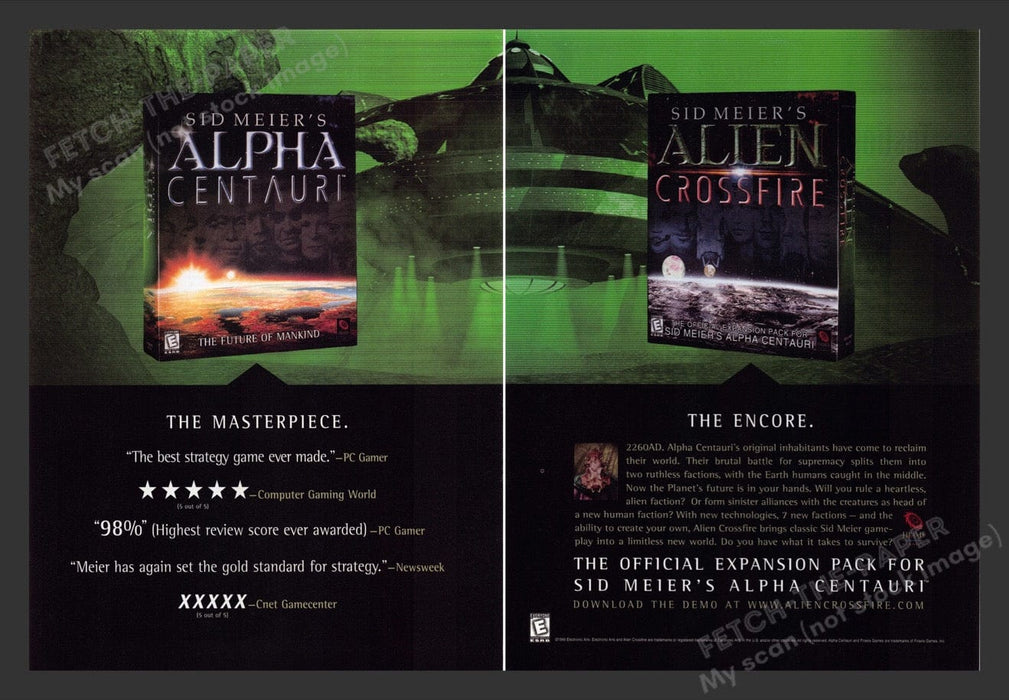 1999 Sid Meier's Alpha Centauri Expansion Crossfire Video Game Print Ad (2 pgs)