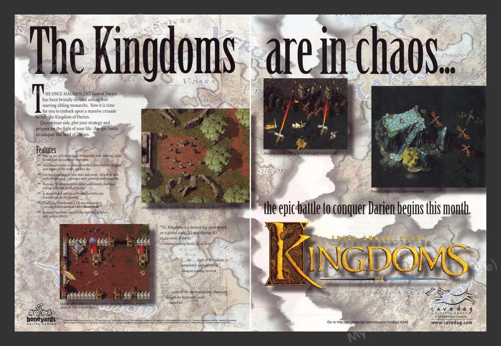 1999 The Kingdoms: Total Annihilation Video Game Print Advertisement (2 pgs) Fetch the Paper!