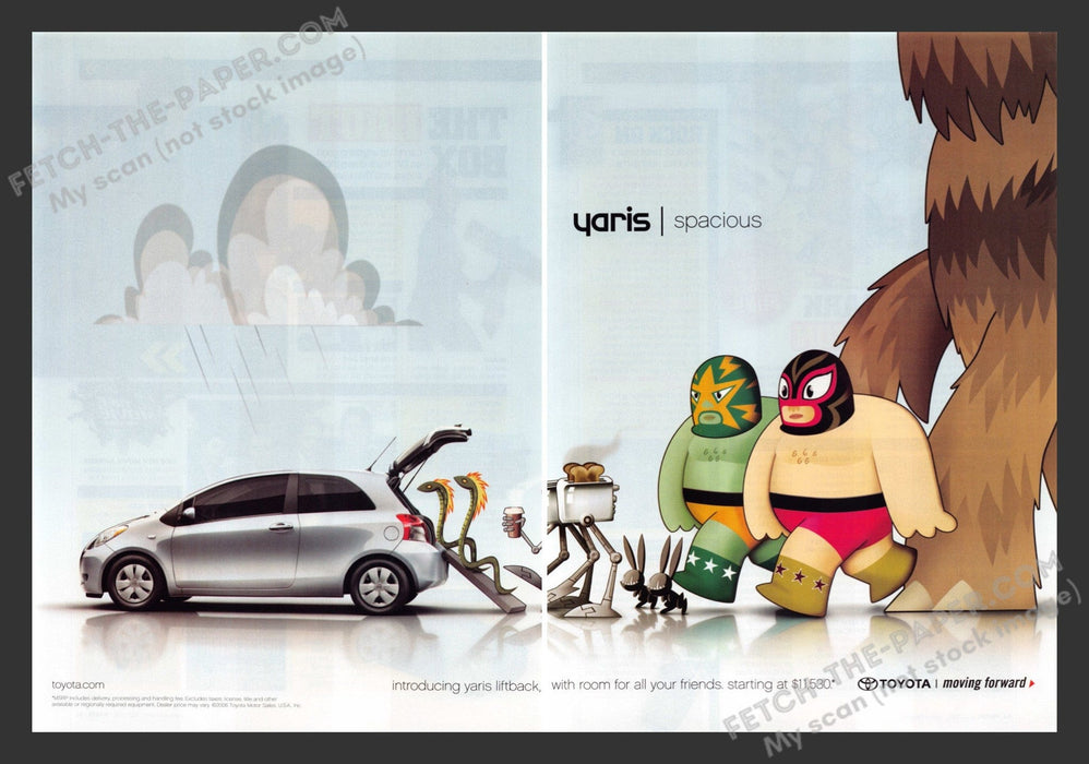 2006 Print Advertisement 2 Page Toyota Yaris "Spacious" Cartoon Characters Ad.
