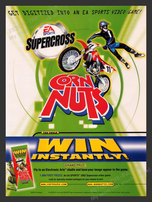 2001 EA Sports Supercross & Corn Nuts Video Game Print Advertisement Fetch the Paper!