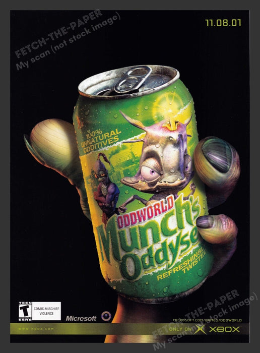 2001 Oddworld Munch's Oddysee Drink Can Video Game Print Advertisement Fetch the Paper!