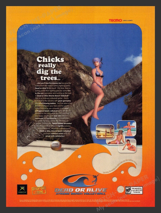 2002 Dead or Alive: Xtreme Beach Volleyball Sitting on Tree Video Game Print Ad Fetch the Paper!