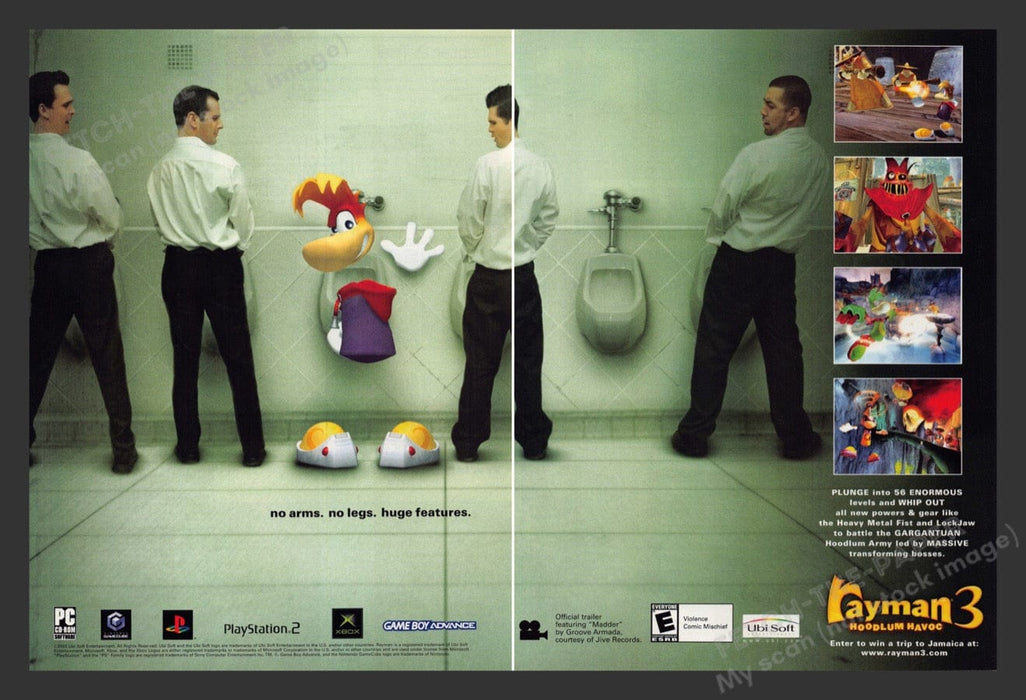 2003 Rayman 3: Hoodlum Havoc Urinals Video Game Print Advertisement (2 pgs)