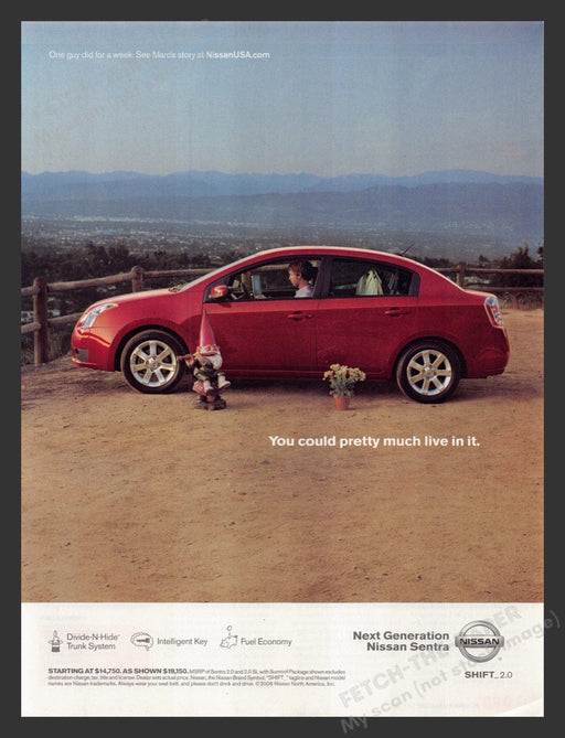 2007 Nissan Sentra Yard Gnome "You could live in it" Print Advertisement Ad