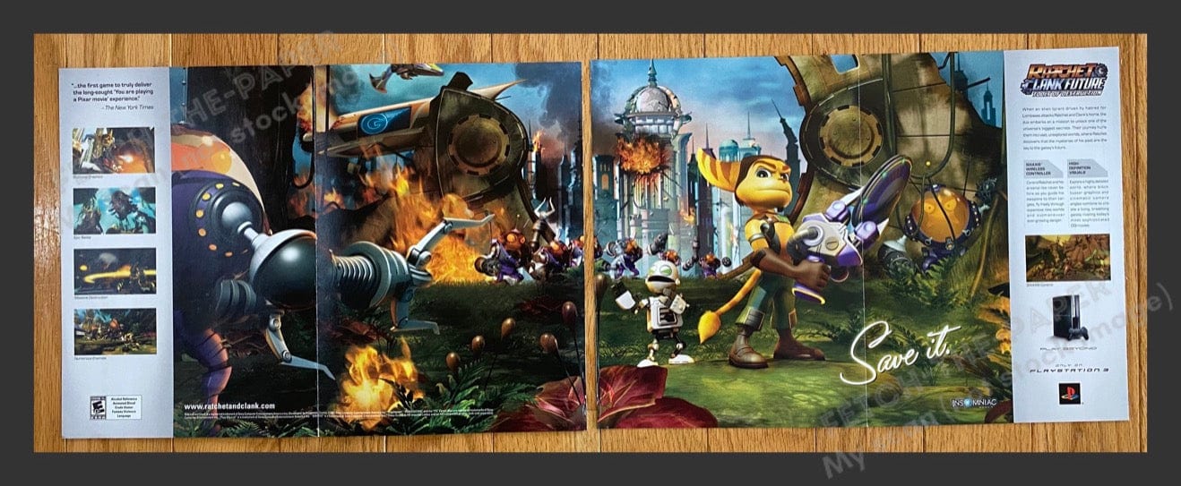 2007 Ratchet Clank Future 10.5 x 29.5" Fold Out 2 Pg Poster Video Game Print Ad Fetch the Paper!