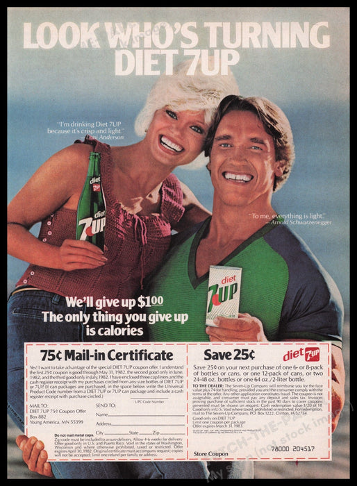 7 Up Arnold Schwarzenegger & Loni Anderson 1980s Print Advertisement Ad 1982 Fetch the Paper!